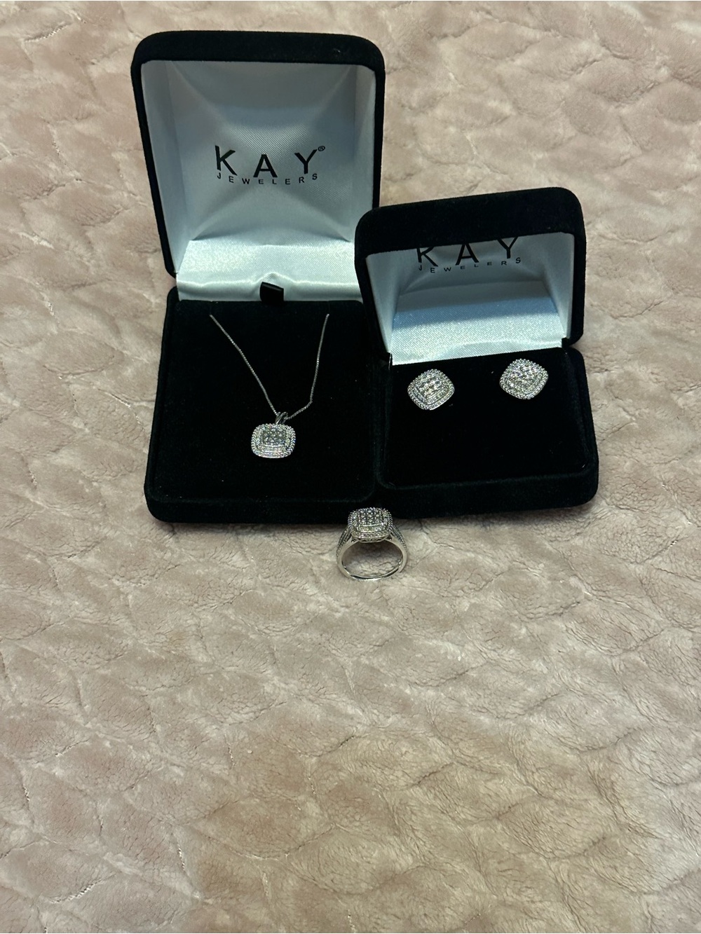 Kay Jewelers Sterling Silver Halo Diamond Pendant Necklace, earrings and ring.